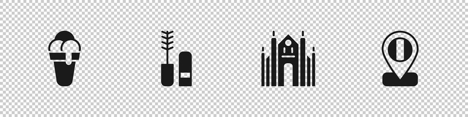 Set Ice cream, Mascara brush, Milan Cathedral and Location flag Italy icon. Vector