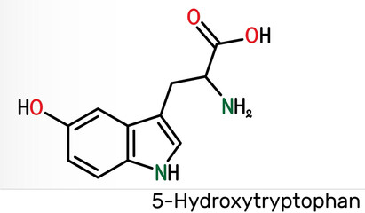 5-Hydroxytryptophan, 5-HTP, hydroxytryptophan, oxitriptan molecule. It is naturally occurring amino acid, tryptophan derivative. Skeletal chemical formula