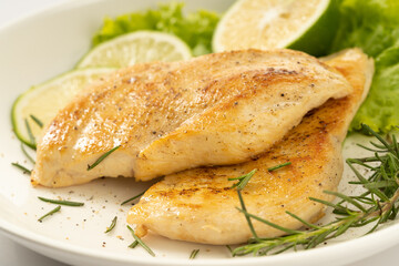 Pan-fried chicken breast on a solid background