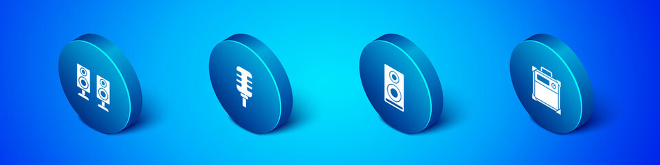 Set Isometric Stereo speaker, , Guitar amplifier and Microphone icon. Vector
