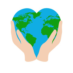 vector illustration of a hands holding a heart-shaped earth isolated on a white . caring for the environment, love for the planet, respect for nature. Banner of the world Earth day
