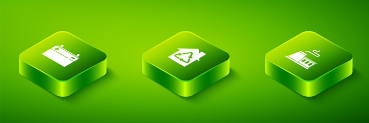 Set Isometric Eco House with recycling, Factory and Car battery icon. Vector