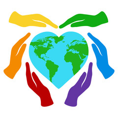 vector illustration of a rainbow color hands holding a heart-shaped earth isolated on a white . caring for the environment, love for the planet, respect for nature. Banner of the world Earth day.