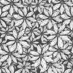 watercolor illustration seamless pattern,simple flowers of marigold,chamomile on a dark background,monochrome