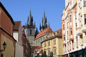 Fototapeta na wymiar A narrow city street with old buildings in the background. Czech republic, Prague