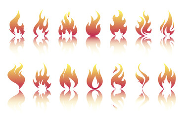 Set of red and orange fire flame. Collection of hot flaming element. Vector flame illustration