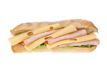 Sandwich with ham and cheese, isolated on white background. Chabata