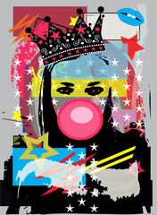 Queen, girl with crown and chewing gum, pop art background  vector