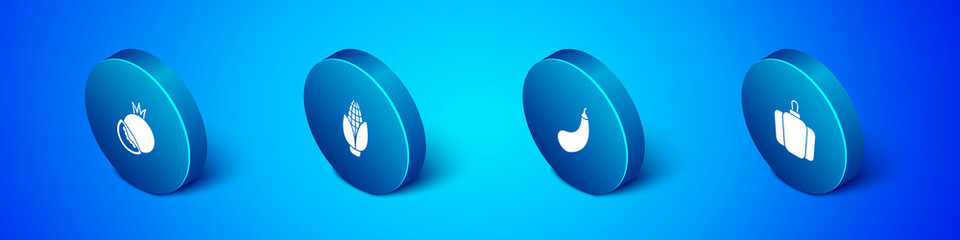 Set Isometric Tomato, Eggplant, Bell pepper and Corn icon. Vector