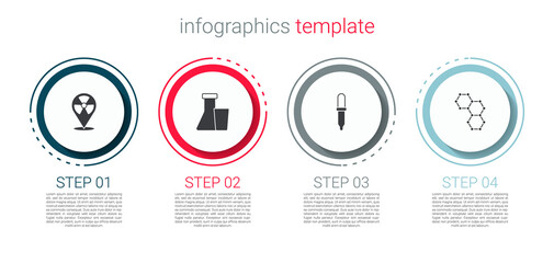 Set Radioactive in location, Test tube and flask, Pipette and Chemical formula. Business infographic template. Vector