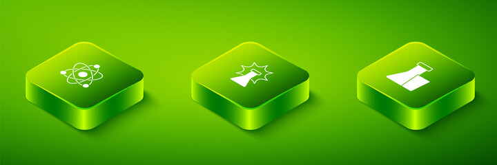 Set Isometric Chemical explosion, Test tube and flask and Atom icon. Vector