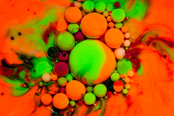 Bright and colourful abstract background from acrylic paints and oil mix, Macro bubble photography for wall art. Acrylic Bubble colourful.