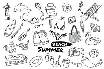Summer beach doodle set. Water sports, relax and tropical holiday objects. Vector illustration on white background. Summertime holidays, journey, traveling,  beach tourism.