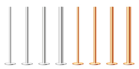 Realistic metal poles collection isolated on white background. Glossy bronze and steel pipes of various diameters. Billboard or advertising banner mount, holder. Vector illustration.