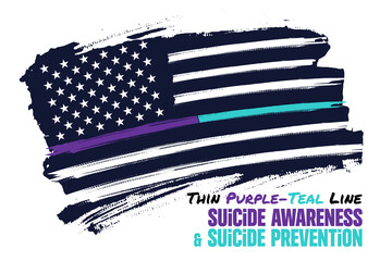 Thin Purple-Teal line, Distressed american flag vector template. Symbol of solidarity with some of the emergency services: it represents suicide awareness and prevention. Illustration for poster, card