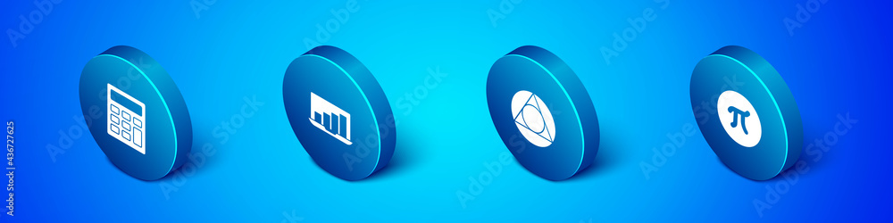 Poster set isometric calculator, triangle math, pi symbol and laptop with graph chart icon. vector