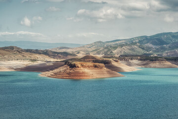 Futuristic views of the canyon and reservoir. Dagestan