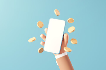 Hand of businessman holding mock up smartphone surrounded by golden coin on blue background, Hand showing blank mobile phone. 3d render. © oatawa