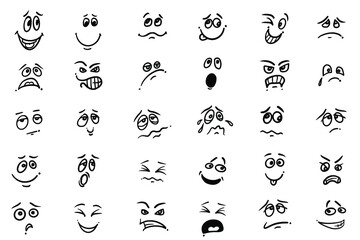 Set of hand drawn cartoon emoticons. Character face expressions: smile, happy, sad, shock, bored, sick, vomit, scream, joy, cry. Comic doodle emotions. Vector illustration isolated on white background