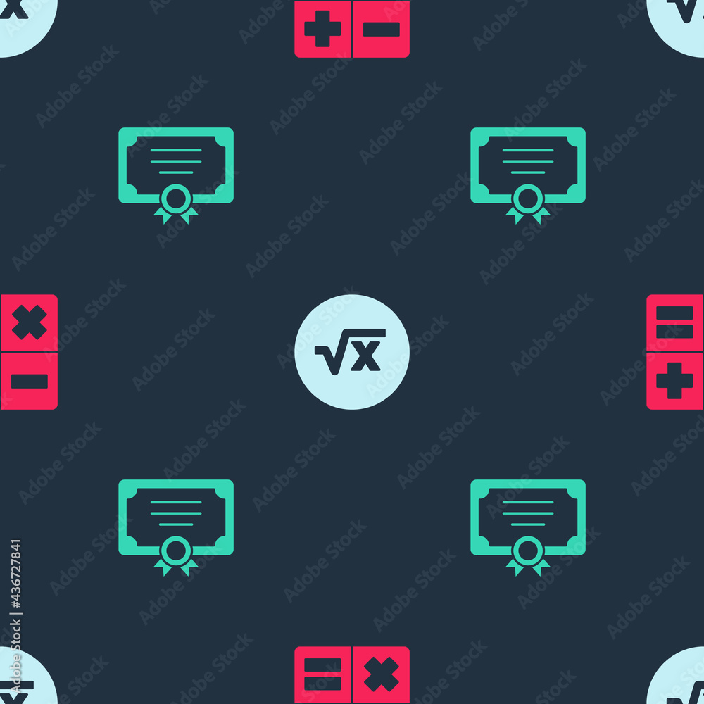 Aufkleber set calculator, square root of x glyph and certificate template on seamless pattern. vector