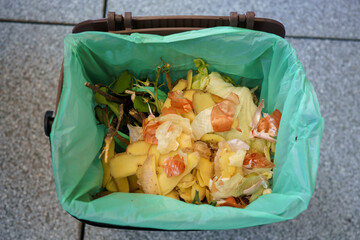 kitchen waste from cooking in a decomposable bag in a recycled waste bin