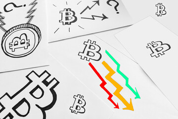 Red Orange and Green Arrows Go from Bitcoin Symbol Down. Bitcoin Pricing Fall Concept with the different cryptocurrency logos on white background. Mining or blockchain technology concept.