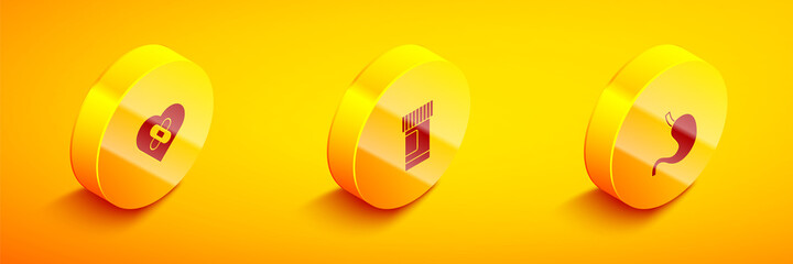 Set Isometric Healed broken heart, Medicine bottle and pills and Human stomach icon. Vector