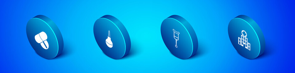 Set Isometric Medicine pill or tablet, Crutch crutches, Medical hospital building and Enema icon. Vector