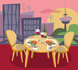 Restaurant or cafe on rooftop with view to the city. Place for romantic dating. Table with dishes and two chair. Cityscape on sunset