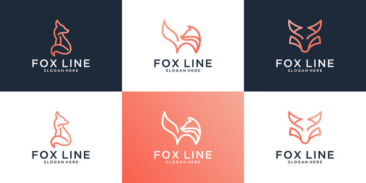 Set of creative fox logo design template. Minimalist icon animal with line art style.