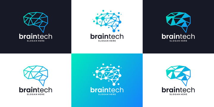 Set of brain connection logo design. Creative smart brain technology logo collection.