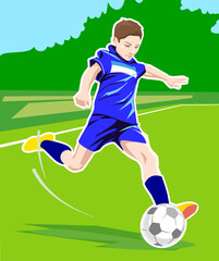 Vector illustration of a young football player. Young football player at the stadium. Soccer player with ball