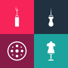 Set pop art Mannequin, Sewing button, Awl tool and icon. Vector