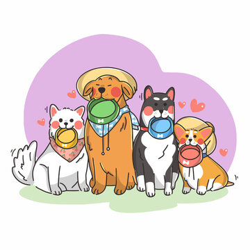 Adorable Little Dogs Queue For Food Doodle Illustration