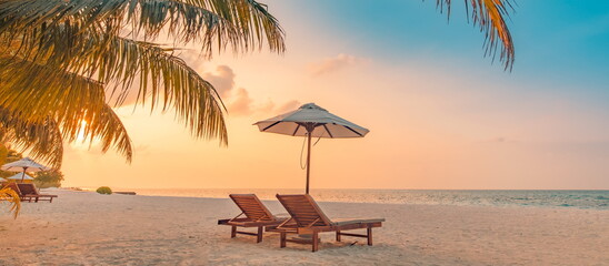Beautiful beach. Chairs on the sandy beach near the sea. Summer holiday vacation concept for tourism. Inspire panorama tropical landscape. Tranquil scenery, relaxing beach, tropical landscape banner