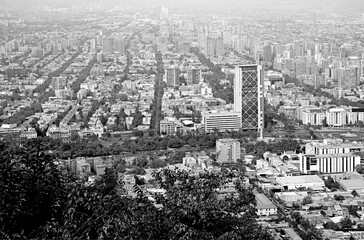 Monochrome aerial view of Santiago cityscape as seen from San Cristobal hill in Santiago, Chile, South America