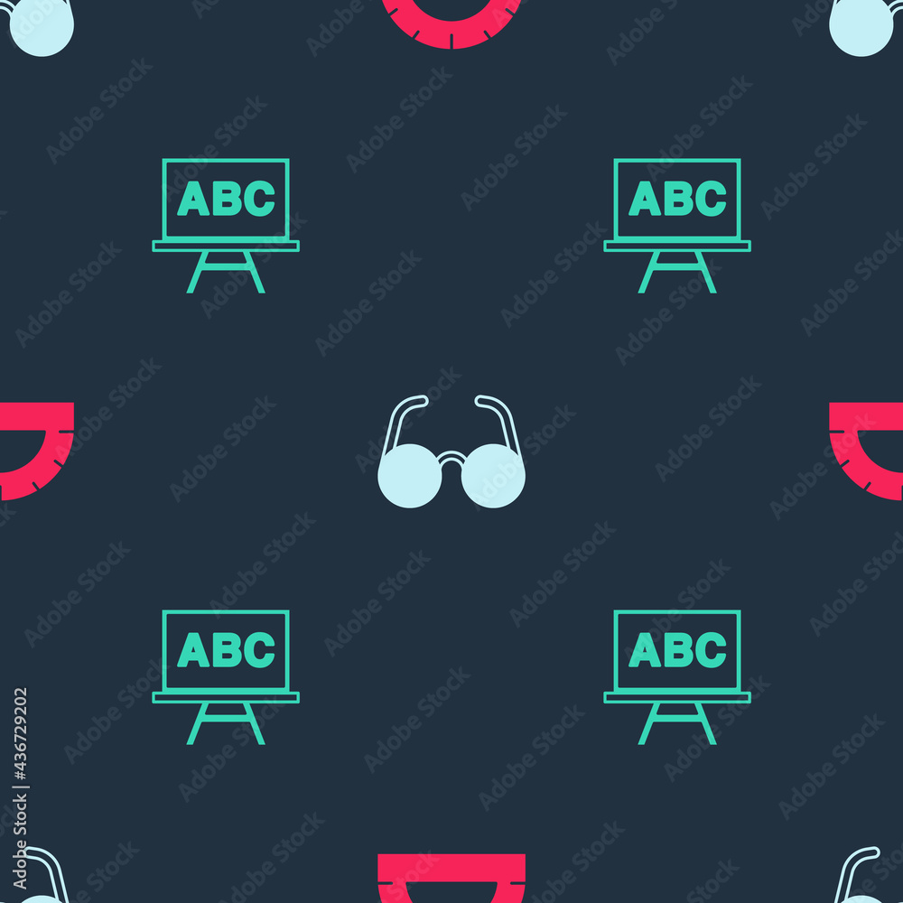 Poster set protractor grid, glasses and chalkboard on seamless pattern. vector