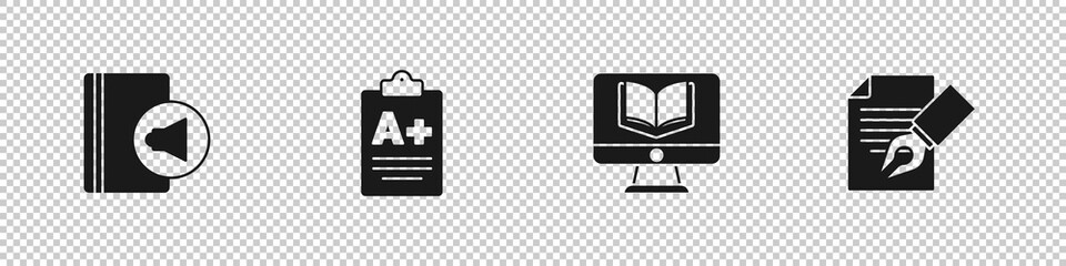 Set Audio book, Exam sheet with plus grade, Online class and and pencil icon. Vector