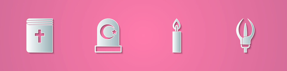 Obraz premium Set paper cut Holy bible book, Muslim cemetery, Burning candle and Lily flower icon. Paper art style. Vector
