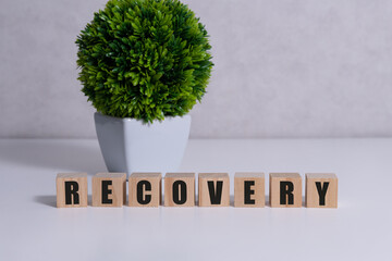 Recovery word written on wood block on table.