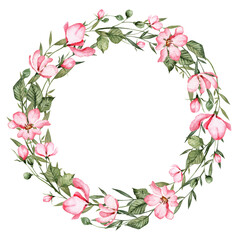 Floral wreath with copy space in the middle. Hand painted watercolor pink flowers
