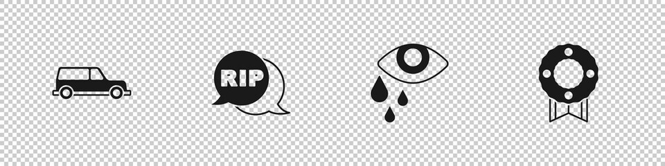 Set Hearse car, Speech bubble rip death, Tear cry eye and Memorial wreath icon. Vector