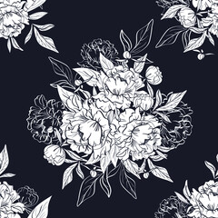 seamless black and white pattern with beautiful peony flowers and leaves as gentle floral background