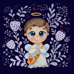 Cute little angel boy with wings in white clothes with hearts on a blue background with floral patterns. Watercolor. Children's collection For design, cards, decor and print