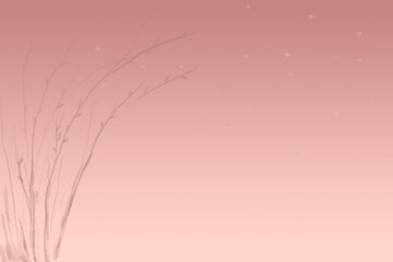 Pink background, gradient ash rose, vintage pink. On a pink background, a branch with leaves.