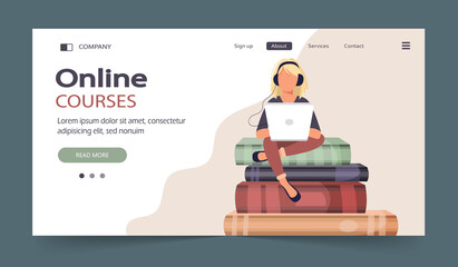 Concept illustration of online courses, distance studying, self education, digital library. E-learning banner. Online education. Vector illustration in flat style
