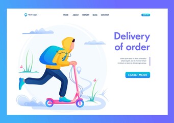 Young Guy Courier, Delivery Of Goods On An Electric Scooter. Flat 2D Landing Page