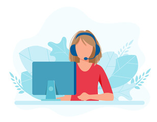 Online assistant. Woman with headphones with computer. Concept illustration for support, assistance, call center. Technical support. Virtual help service. Vector illustration in flat.