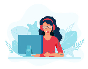 Online assistant. Woman with headphones with computer. Concept illustration for support, assistance, call center. Technical support. Virtual help service. Vector illustration in flat.