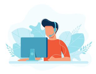 Online assistant. Man with headphones with computer. Concept illustration for support, assistance, call center. Technical support. Virtual help service. Vector illustration in flat.